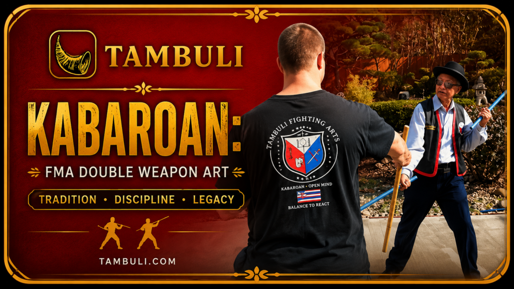 Kabaroan Filipino Martial Arts double weapon training with Grandmaster Ramiro Estalilla demonstrating traditional FMA stick fighting techniques.