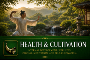 Practitioner performing qigong in a peaceful garden representing health, wellness, meditation, and self-cultivation