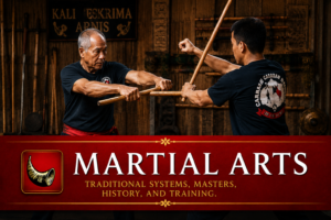 Traditional martial arts training featuring Filipino stick fighting, classical weapon arts, and master-disciple instruction